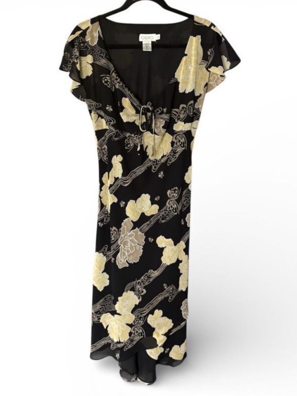 VTG CDC Black Satin Midi Floral Sequin Flutter Sleeve Whimsygoth